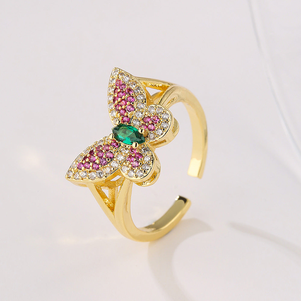 Butterfly-Shaped Geometric Open Ring for Women in Copper with 18K Gold Plating and Zircon Inlay