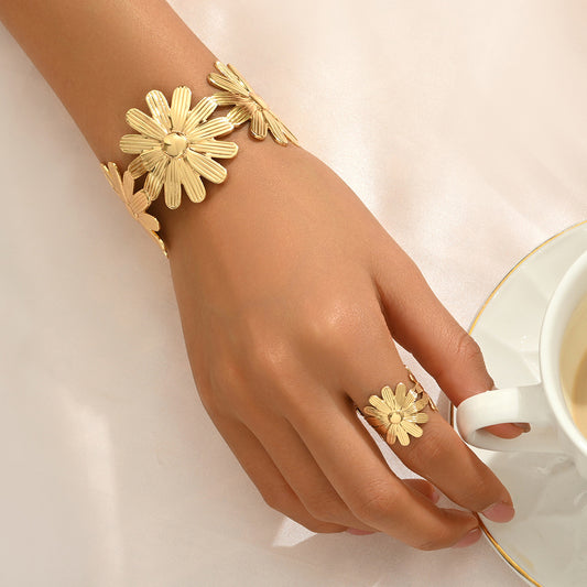 Elegante conjunto de pulsera y anillo de aleación con forma de girasol y patrón floral, estilo OL, para mujer