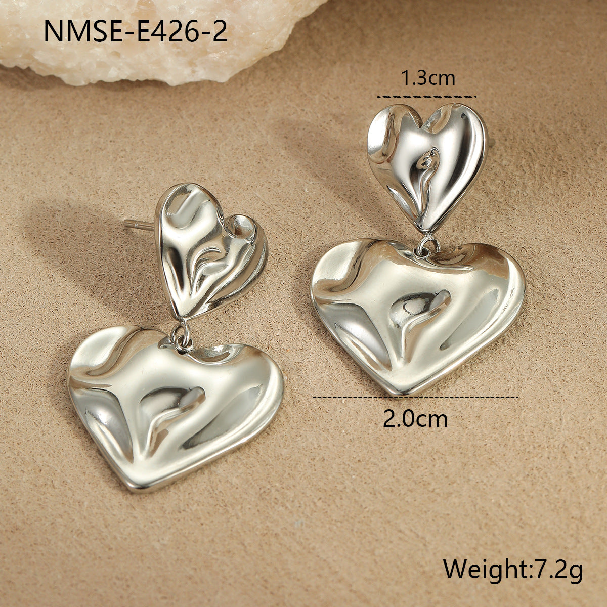 Fashionable Textured Double Heart Stainless Steel Earrings for Women with Electroplated Finish