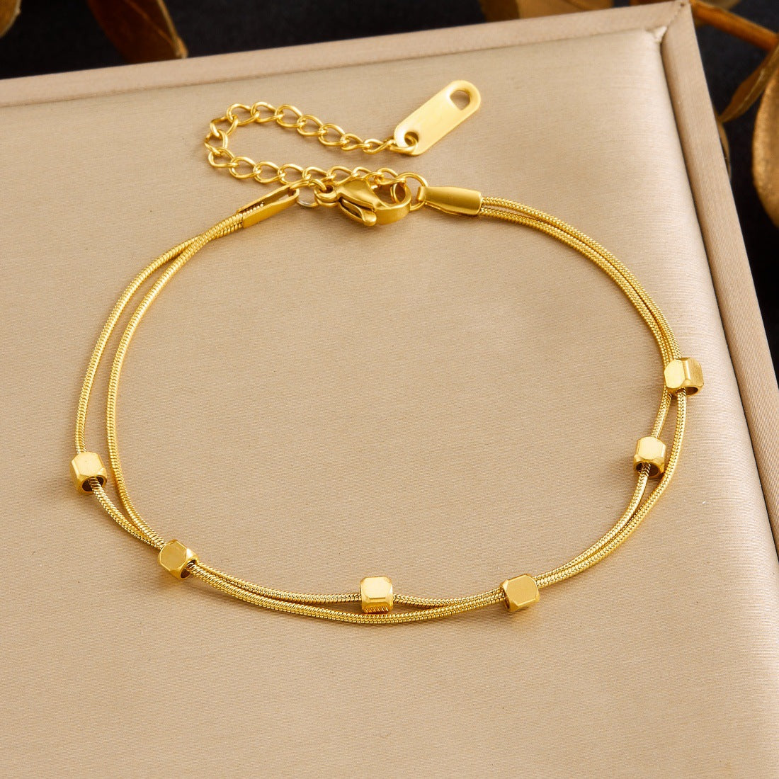 Minimalist Gold Plated Square Geometric Stainless Steel Layered Chain Bracelet for Women