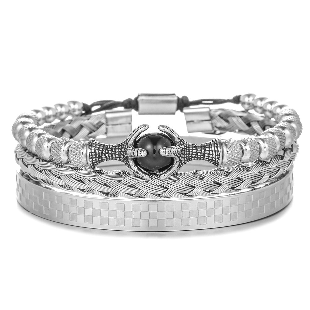 Personalized 10mm Tiger's Eye Titanium Steel Rope Chain Bracelet Set with Dragon Claw Beads