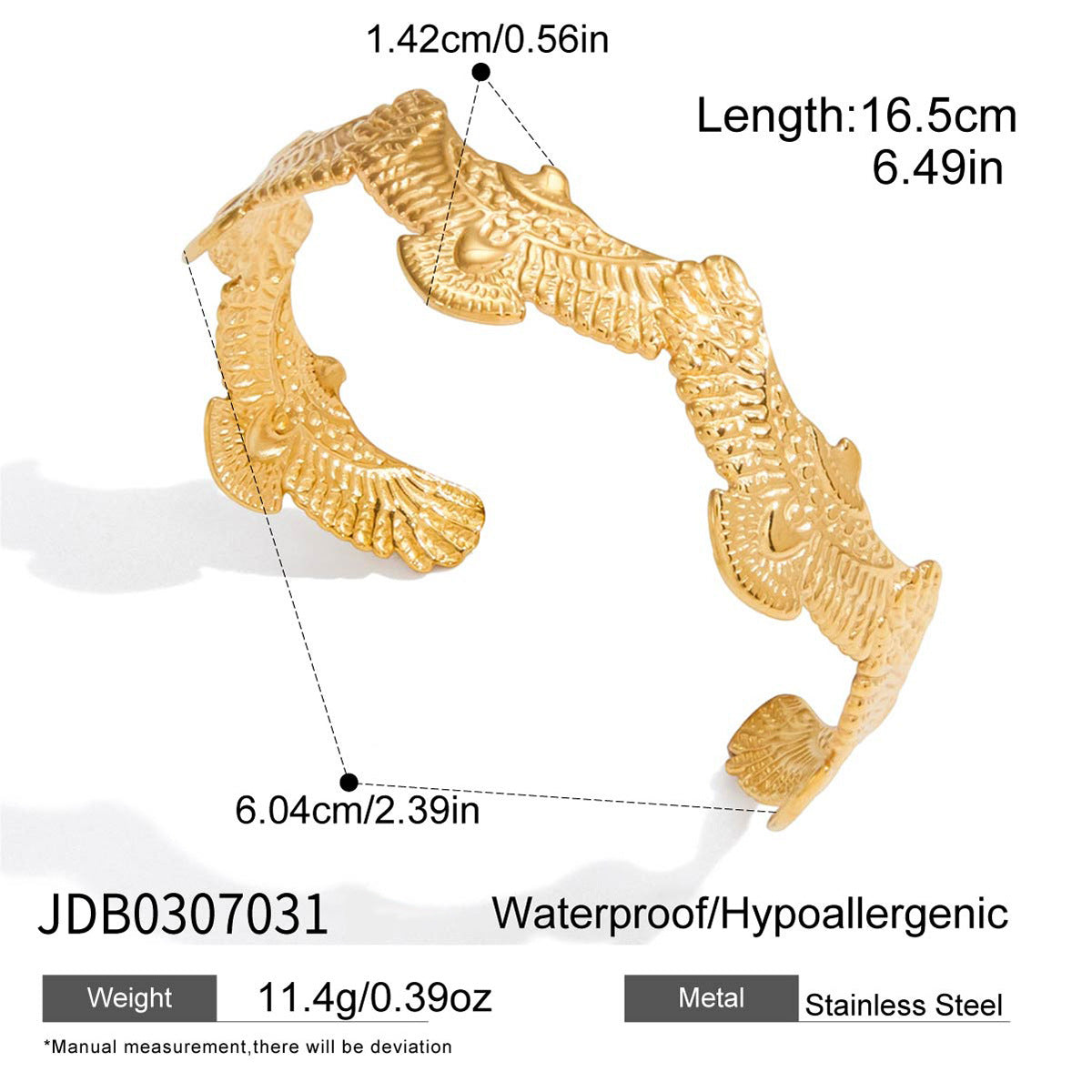 Bracciale rigido aperto da donna in acciaio inossidabile placcato oro 18K con motivo a colomba della pace