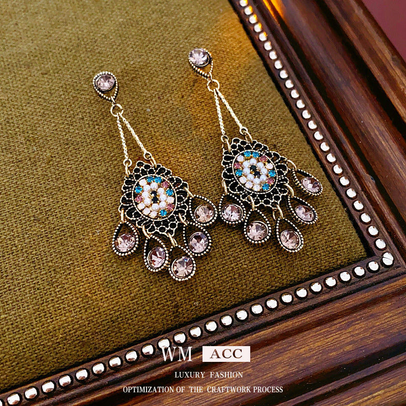 Vintage Drip-Shaped Geometric Alloy Earrings with Rhinestone Inlay, Stainless Steel Post, Elegant Court-Inspired Luxury Ear Jewelry for Women