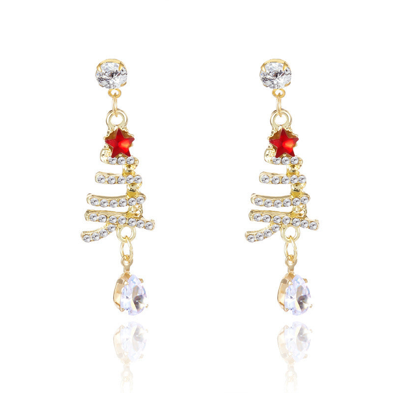 Orecchini a perno natalizi alla moda con albero di Natale in lega e intarsio di strass da donna, Regalo di gioielli festivi per le vacanze