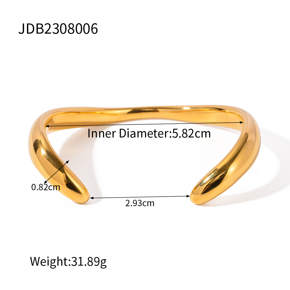 Pulsera de puño abierto con ondas geométricas estilo Ins, de acero inoxidable chapado en oro de 18 quilates con incrustaciones de perlas para mujer