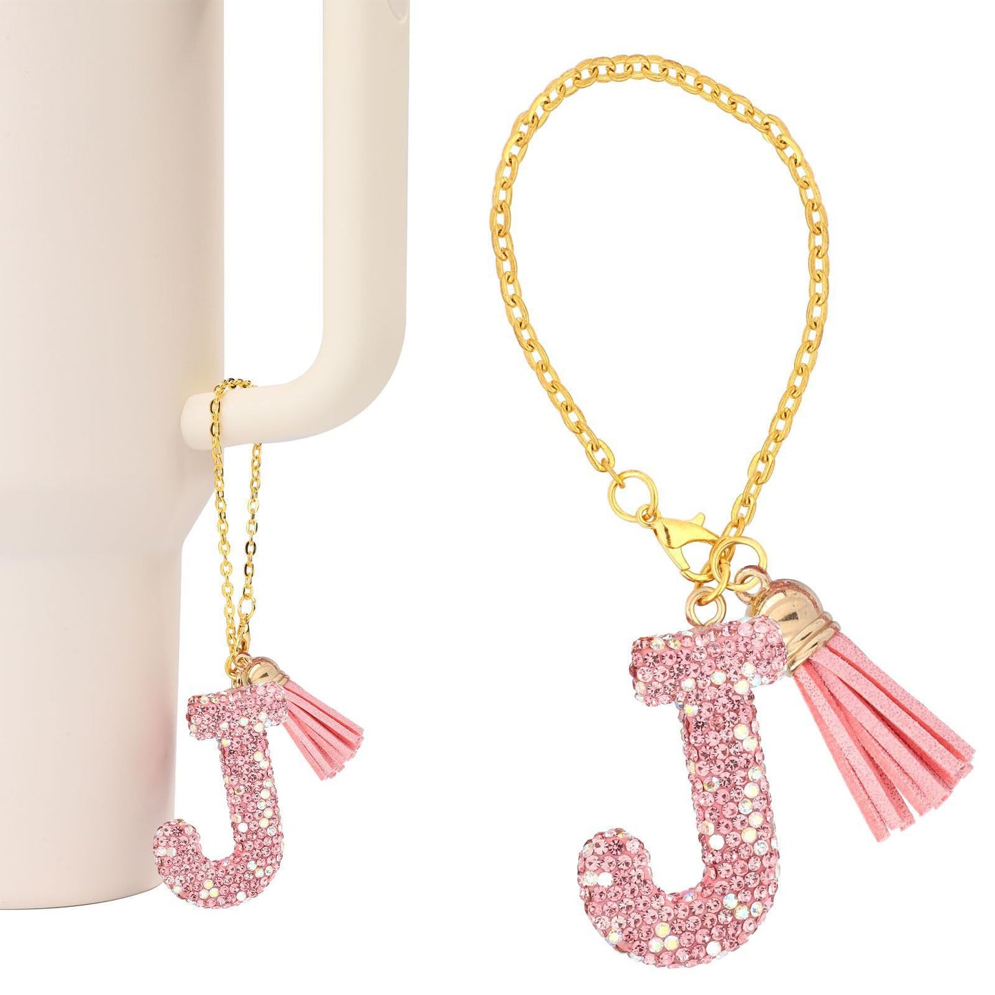 Minimalist Geometric Letter Ceramic Pendant with Gold Adjustable Chain Pink Tassel and Glitter Sequins