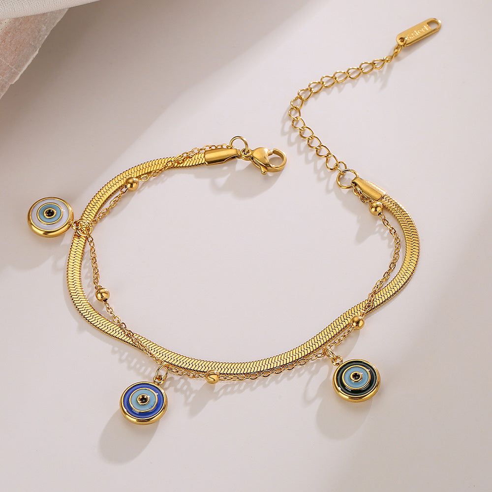 Fashionable Minimalist Geometric Titanium Steel Double-Layer Evil Eye Bracelet for Women