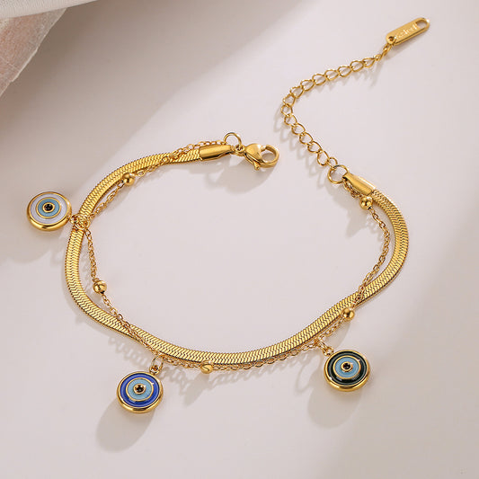 Bracciale da donna a doppio strato in acciaio al titanio, geometrico, minimalista ed elegante, con Occhio di Allah