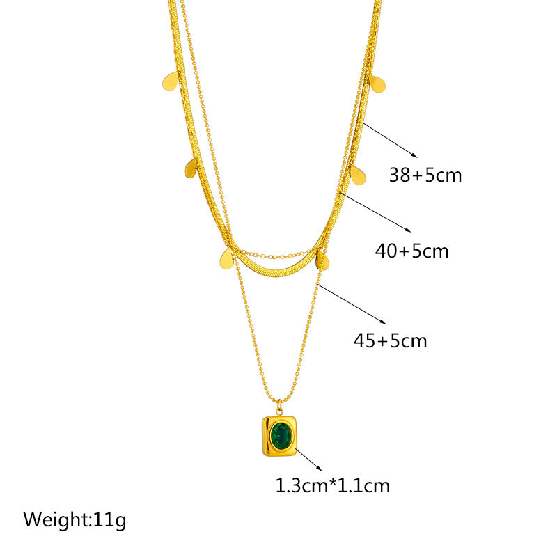 Vintage Minimalist Titanium Steel Emerald Zircon Earrings and Necklace Set for Women with Snake Chain and Inlay Craftsmanship