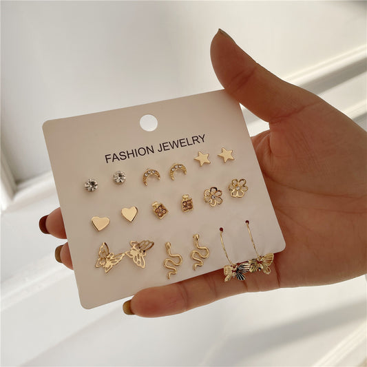 Minimalist Elegant Geometric Star Moon Heart Butterfly Rhinestone Inlay Alloy Handmade Earrings for Women