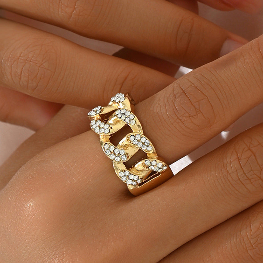 Anello da donna in lega di zinco con geometria a U, intarsiato con strass, stile lusso leggero