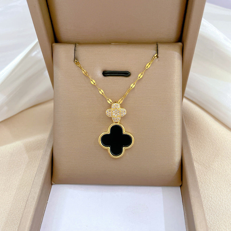 Minimalist Geometric Titanium Steel Clavicle Chain with Rhinestone Inlay and Copper Pendant