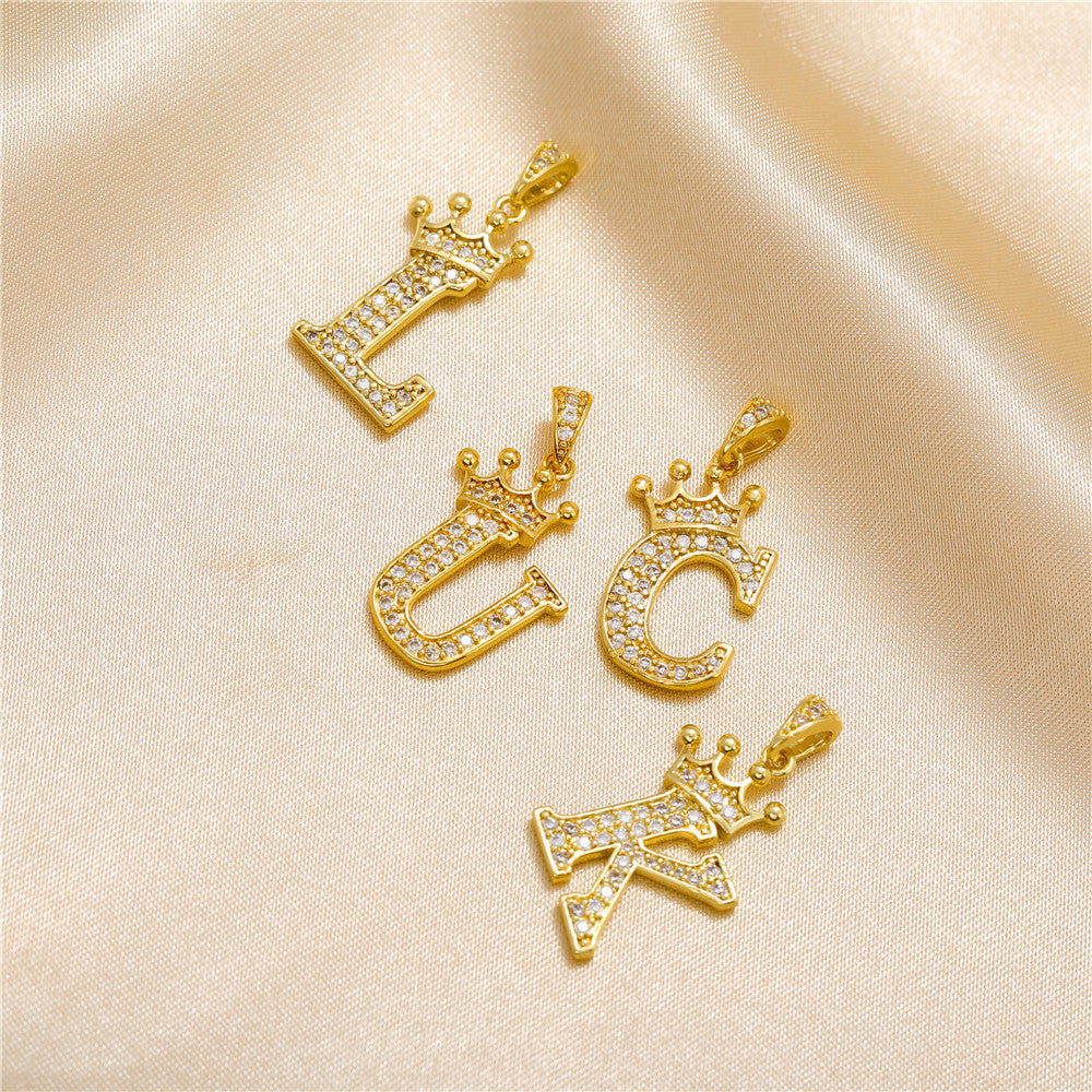 Gold Plated Brass Crown Letter Charm Bar with Cubic Zirconia for DIY Necklace Bracelet