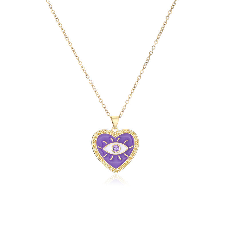 Fashion Heart Eye Geometric Drip Oil Gold Plated Brass Pendant Necklace for Women with Cable Chain