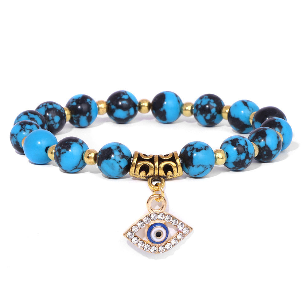 Vintage Minimalist Geometric Agate Beaded Bracelet with Evil Eye Pendant Unisex Jewelry