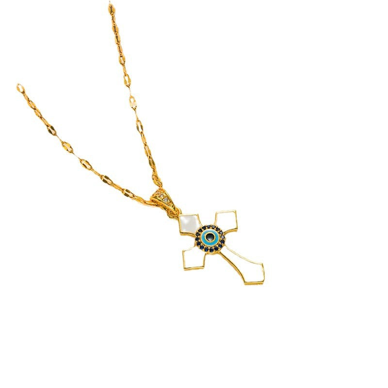 Vintage Geometric Enamel Cross Pendant Necklace for Women in Titanium Steel with Rhinestone Accents
