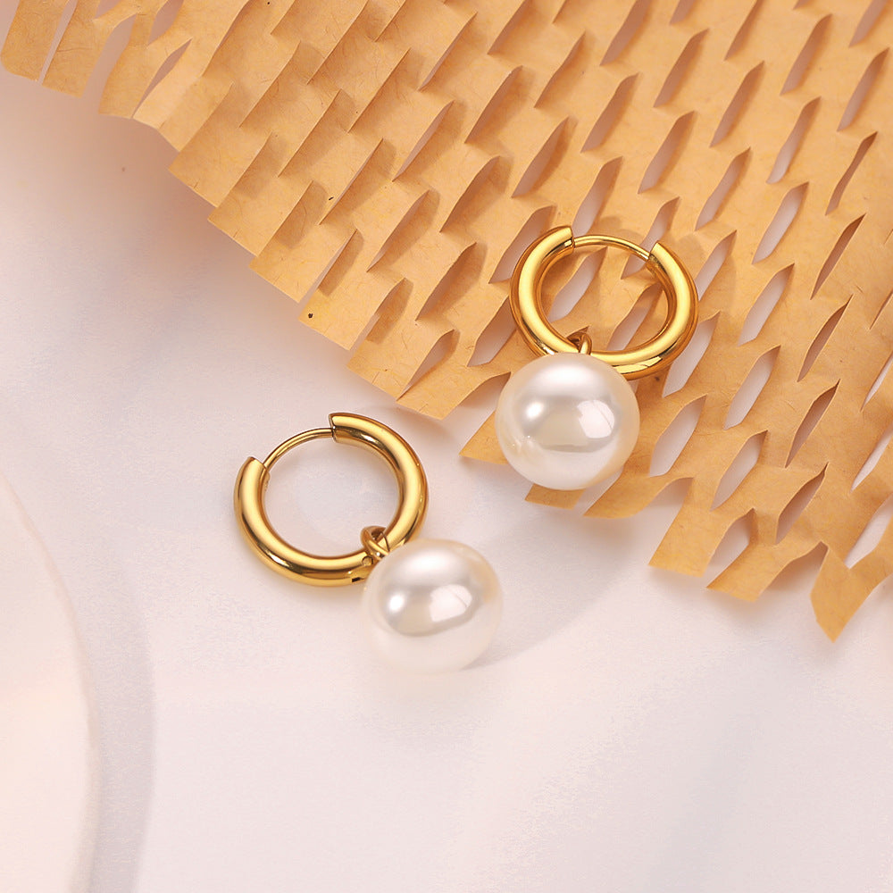 Romantic French Vintage Pearl Pendant Earrings for Women in Stainless Steel with 18K Gold Plating and Geometric Design