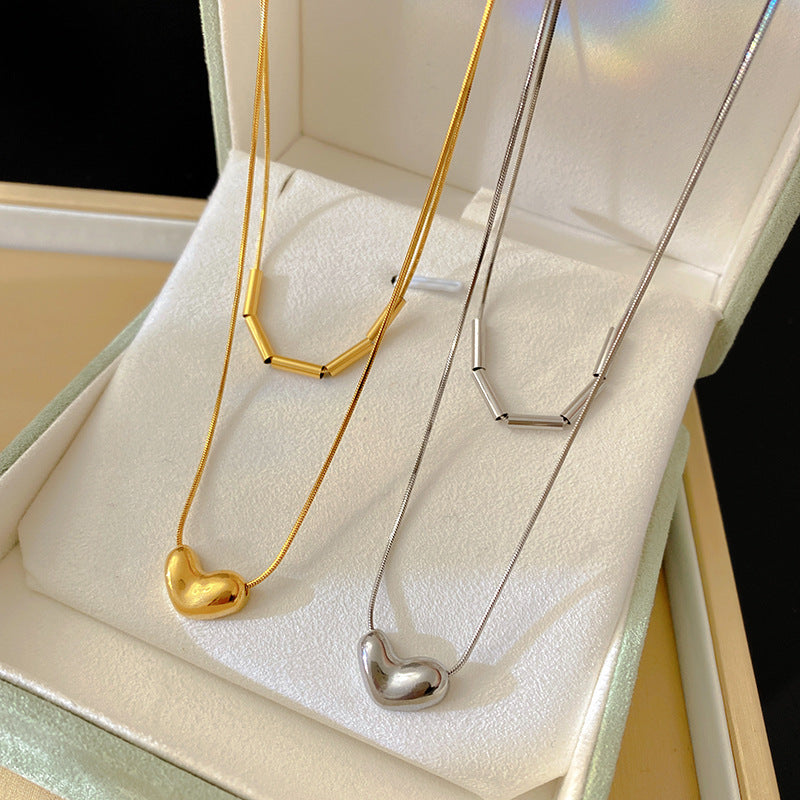 Minimalist Gold Plated Titanium Steel Heart Geometric Layered Necklace for Unisex