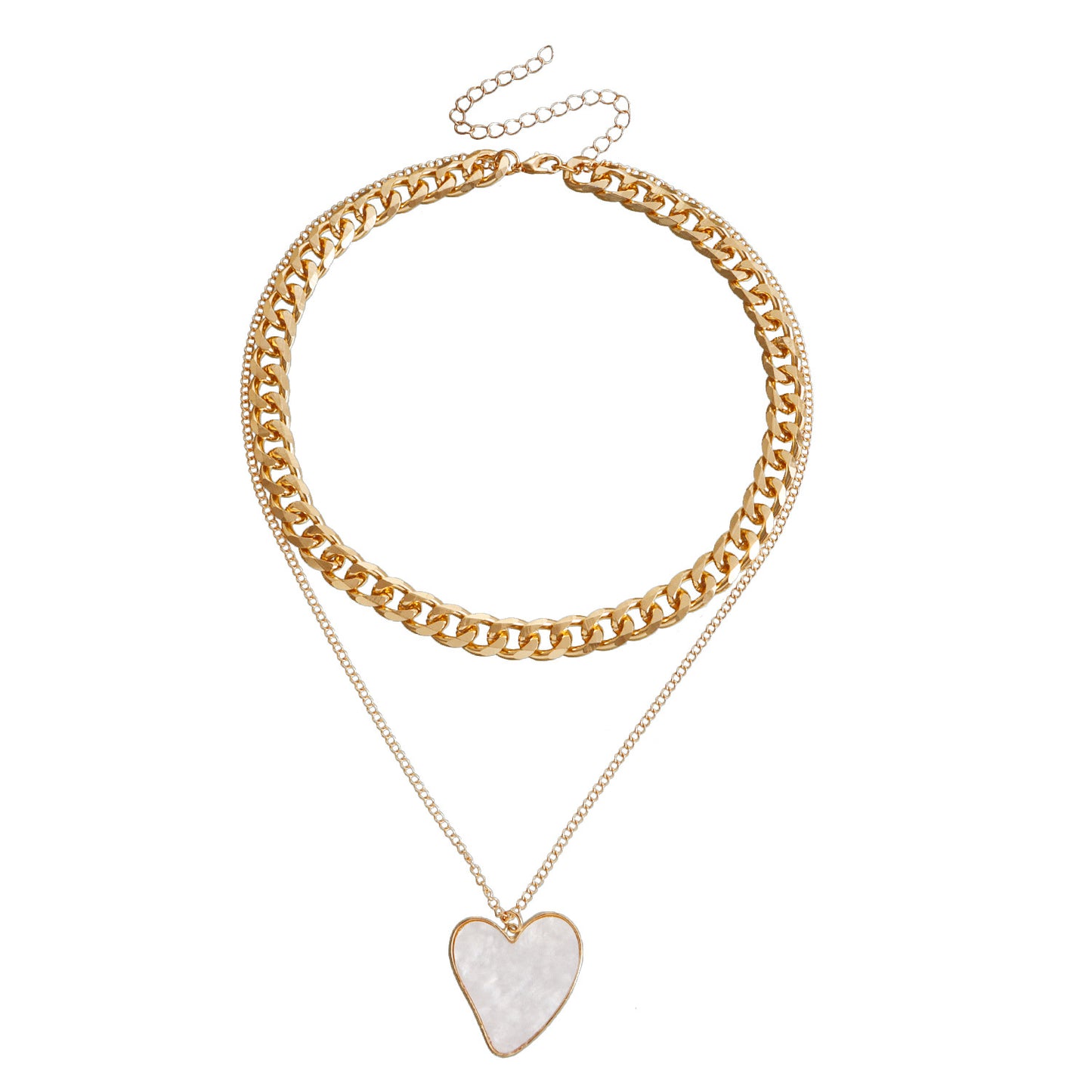 Minimalist Geometric Double-Layer Heart-Shaped White Mother-of-Pearl Pendant Necklace for Women with Plated Metal Clavicle Chain