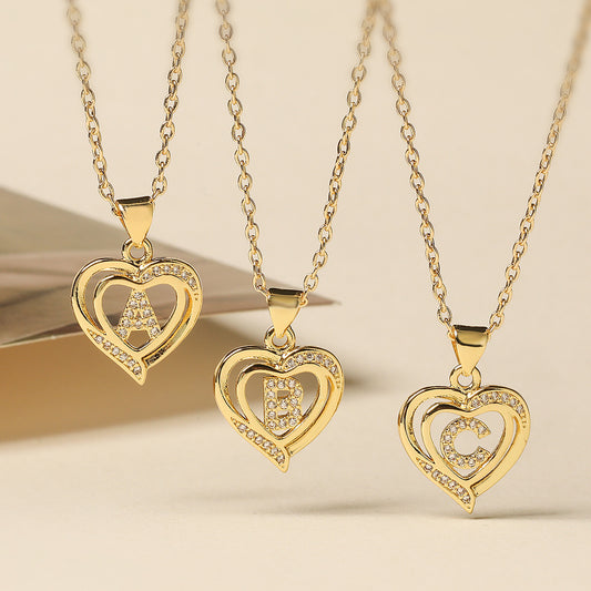 Minimalist Copper Pendant Necklace with 18K Gold Plating and Zircon Accents in Heart and Letter Shapes for Women