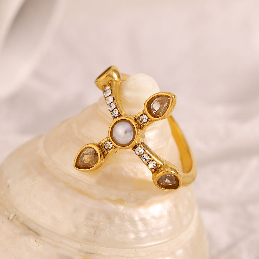 Anello a croce geometrico in stile francese vintage da donna in acciaio inossidabile placcato oro 18 carati