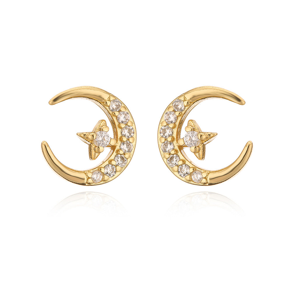 Sweet Cute Geometric Copper Earrings with 18K Gold Plating and Enamel Zircon Star Moon Candy Design for Women