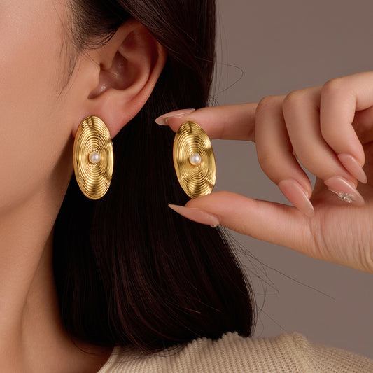 Pendientes de acero inoxidable geométricos vintage con detalles de perlas irregulares para mujer