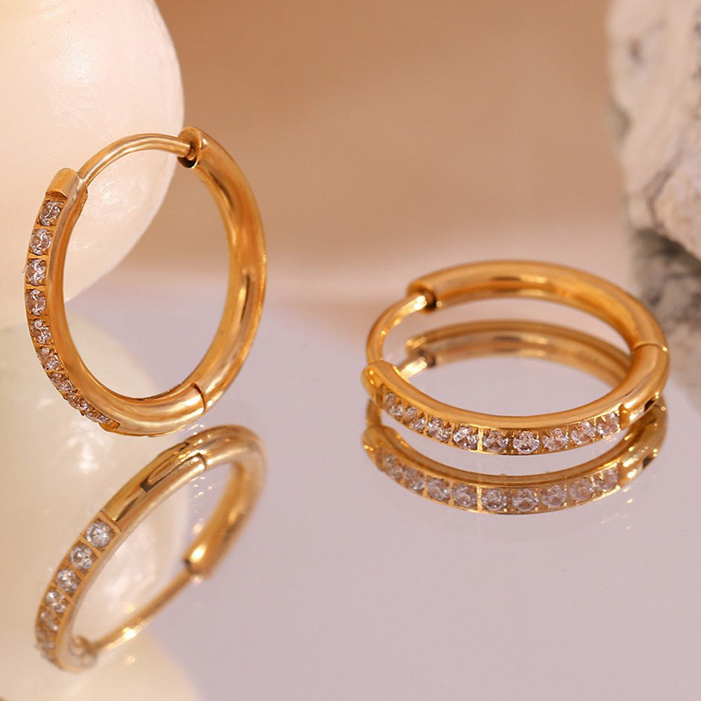 Fashionable Geometric Stainless Steel Earrings with Plated Finish and Cubic Zirconia Accents for Women