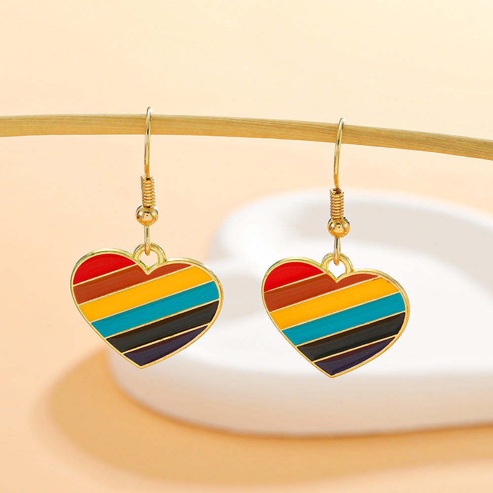 Orecchini da donna in lega con cuore arcobaleno minimalista a strisce effetto olio a goccia