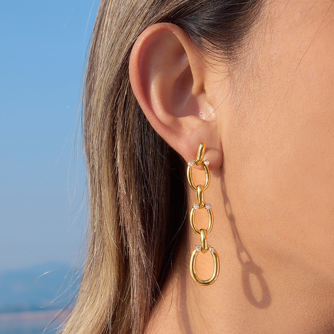 Elegant Geometric Stainless Steel PVD Gold Plated Rhinestone Tassel Earrings for Women