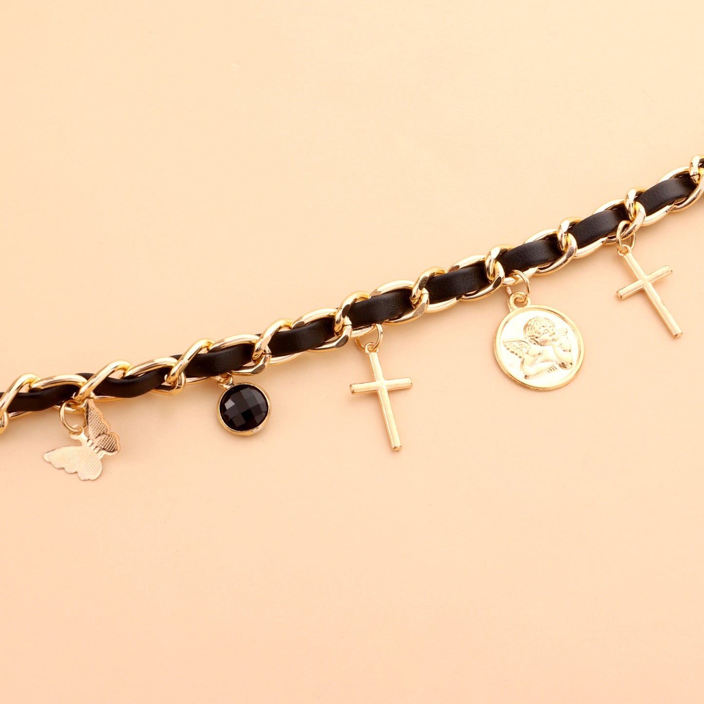 Collana con Pendente Geometrico Tondo Angelo da Donna con Motivi a Croce e Farfalla, Catena in Lega, Finitura Galvanizzata