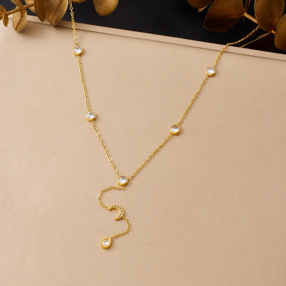 Sweet Gold Plated Stainless Steel Star Moon Heart Rhinestone Pendant Necklace with Tassel for Women