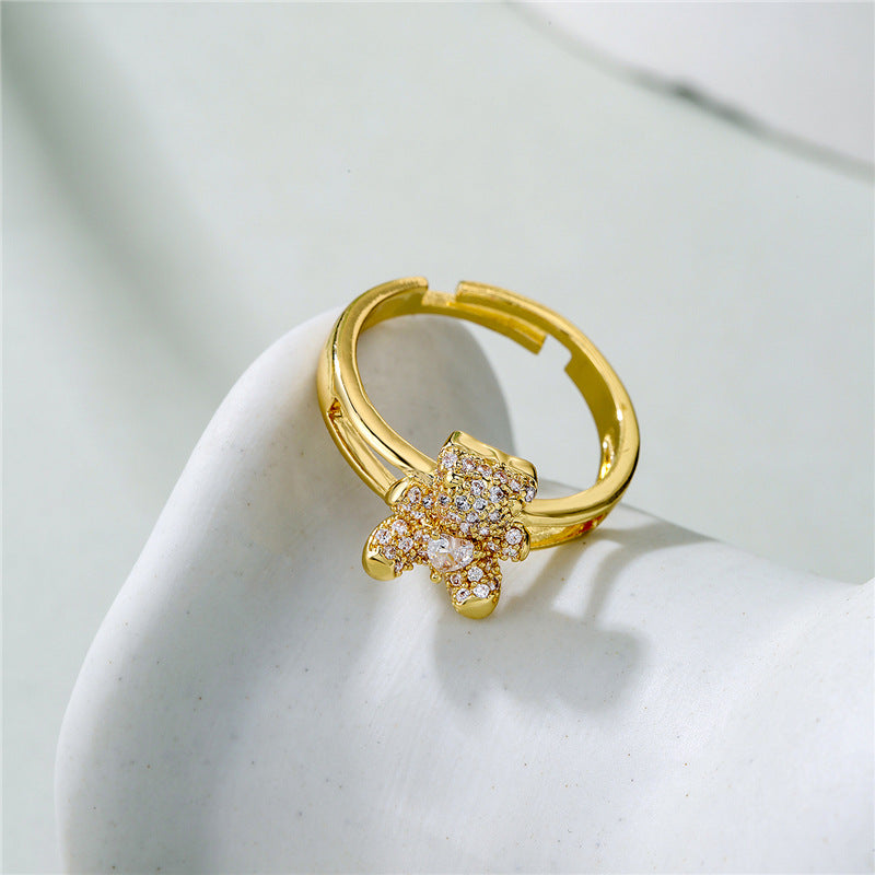 18K Gold Plated Brass Micro-Inlaid Cubic Zirconia Bear Ring Adjustable Open Design for Women