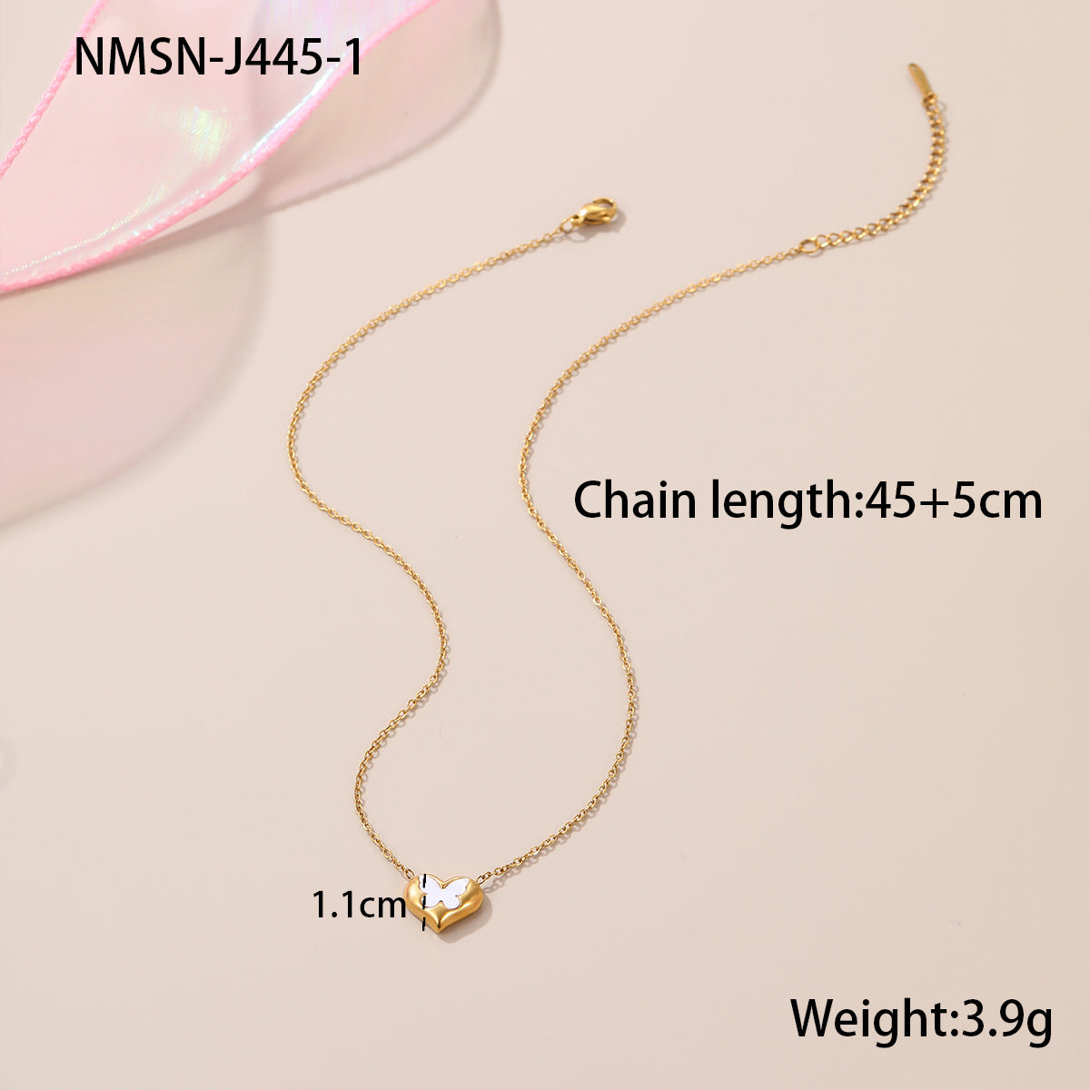Collana da donna alla moda con farfalla e cuore in acciaio inossidabile placcato oro 18K — Catena con medaglione minimalista