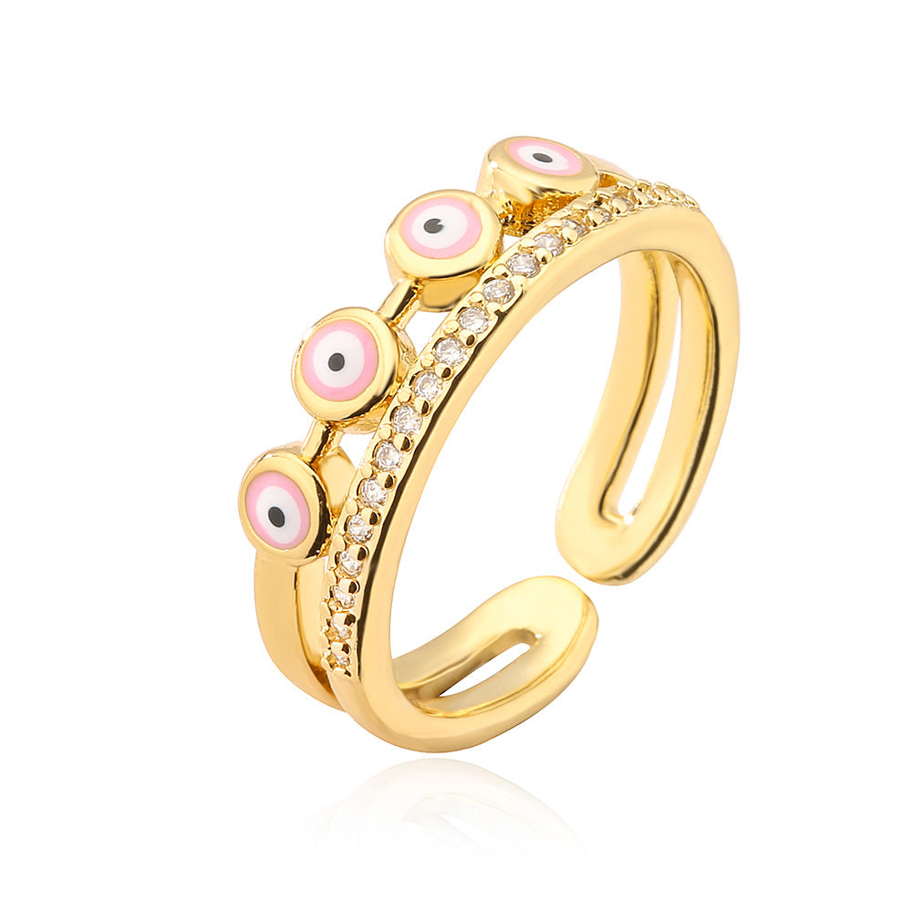 Geometric Open Eye Ring for Women with Copper Base Plated in 18K Gold and Enamel Finish Featuring Evil Eye Design