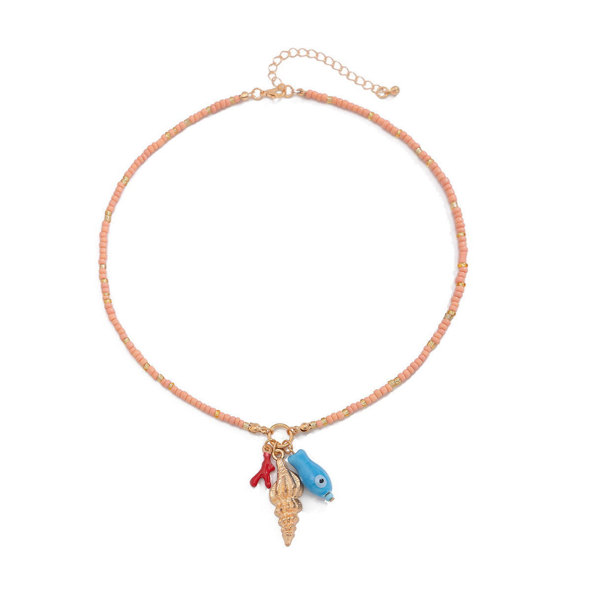 Collana Minimalista con Conchiglia e Pesce Ispirata all'Oceano con Ciondolo Occhio Mano di Buddha in Lega e Acrilico con Finitura Placcata per Donna