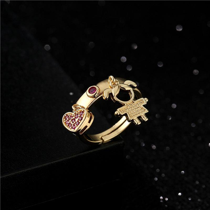 Sweet Cartoon Heart Geometric Micro-Inlaid Cubic Zirconia 18K Gold Plated Brass Ring for Women