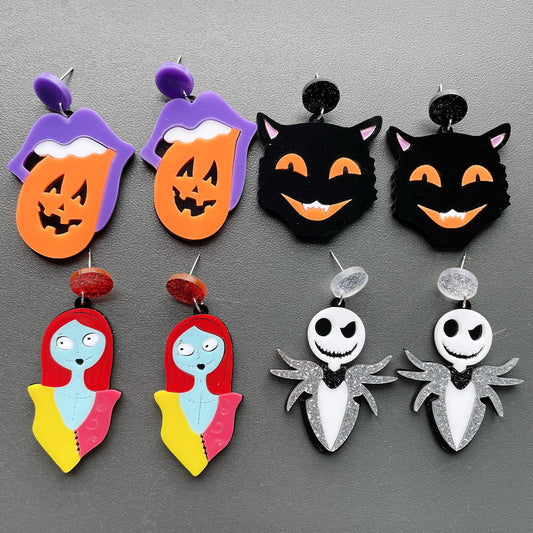 Pendientes de tuerca acrílicos de labios, lengua, calabaza, hombre, calavera, fantasma, gato negro de Halloween