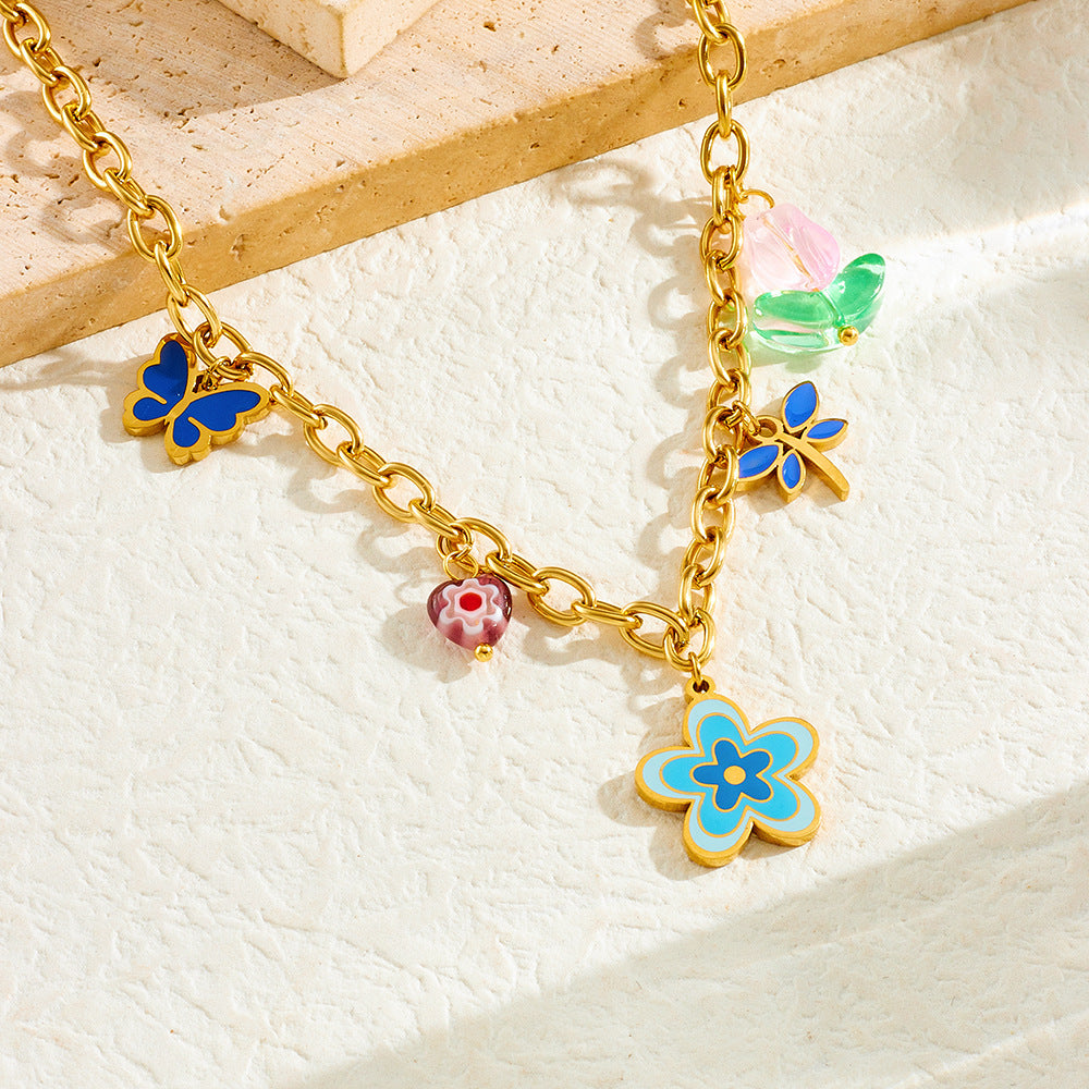 Sweet Colorful Drip Oil Flower Butterfly Pendant Gold Plated Stainless Steel Jewelry Set with Cable Chain