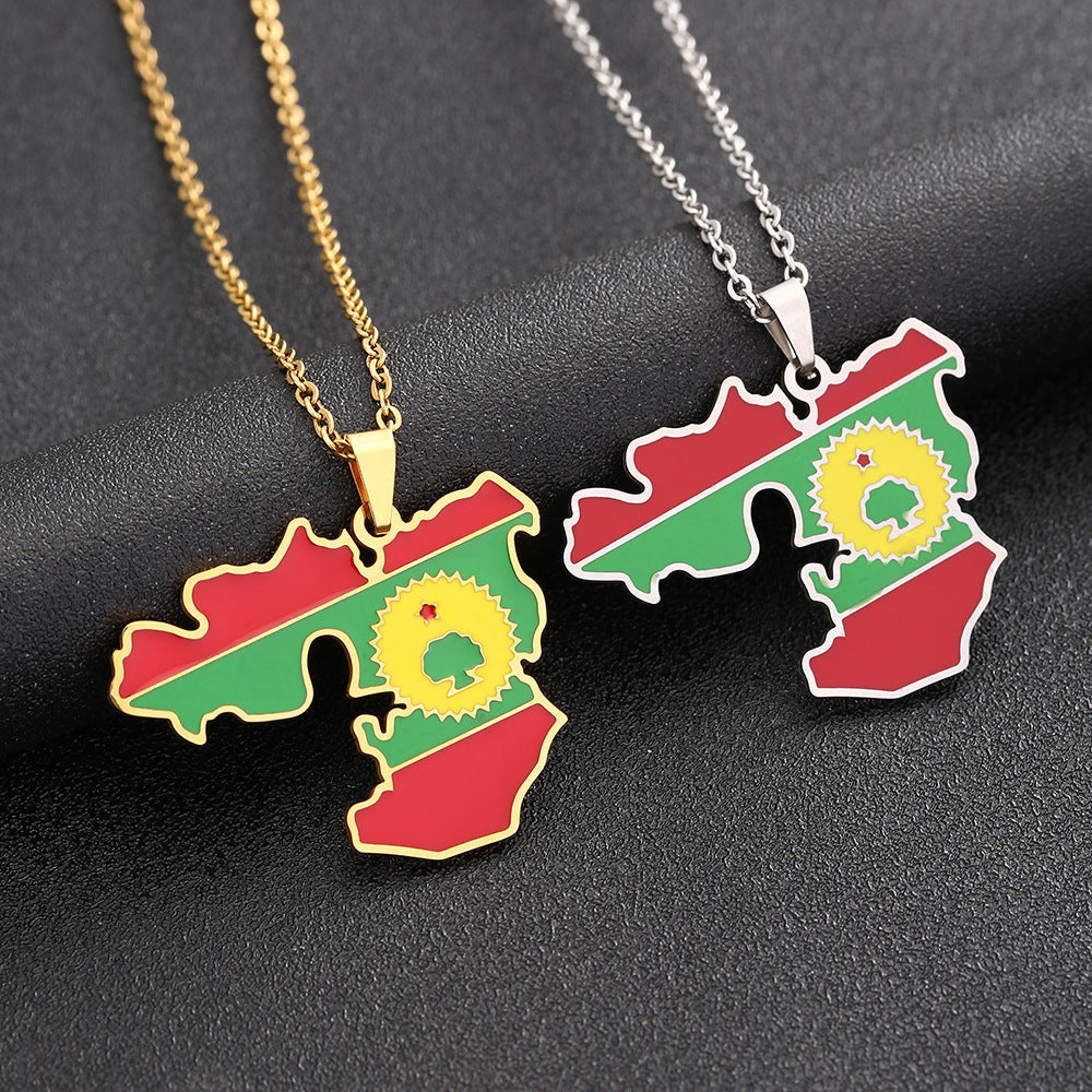 Collana con ciondolo a mappa geometrica in stile etnico in acciaio inossidabile con finitura smaltata, unisex