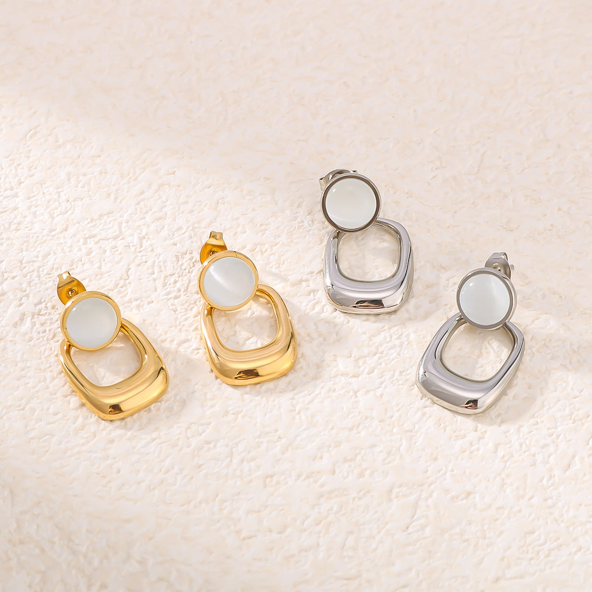INS Style Geometric Cat's Eye Stone Pendant Earrings with 18K Gold Plated Stainless Steel and Ceramic Posts, Double-Hoop Design, Polished Finish
