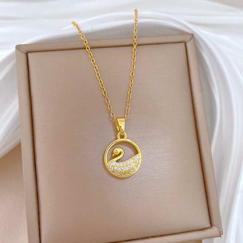 Sweet Minimalist Round Swan Rhinestone Inlay Titanium Steel Necklace for Unisex