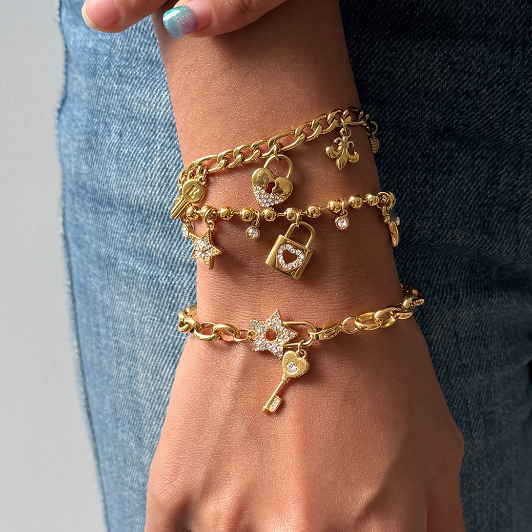 Elegant Geometric Heart Rhinestone Plated Stainless Steel Bracelet for Women