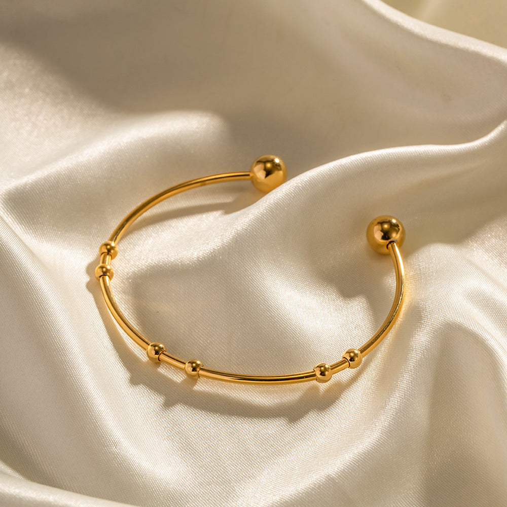Trendy Geometric Round Bead Open Cuff Bracelet 18K Gold Plated Stainless Steel Women Jewelry