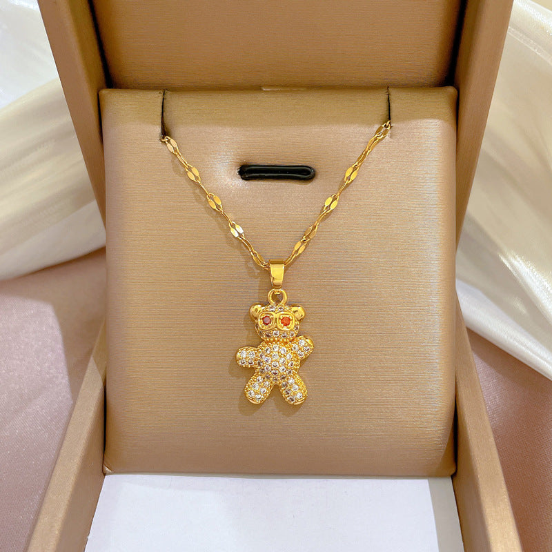 Luxury Minimalist Bear-Shaped Titanium Steel Necklace with Micro-Pave Rhinestone Accents for Women