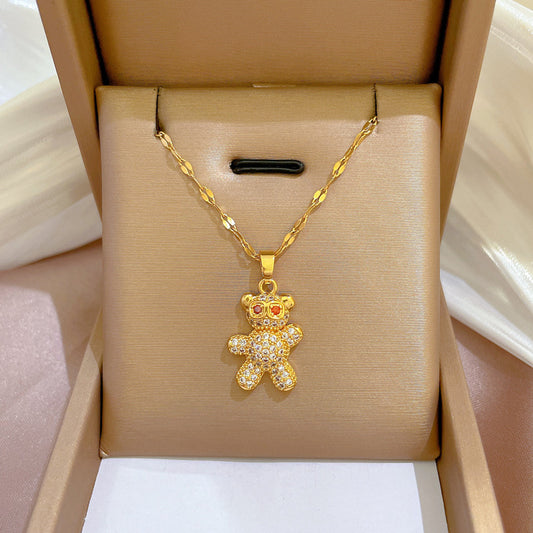 Collana da donna lusso minimalista a forma di orso in acciaio al titanio con strass micro-pavé