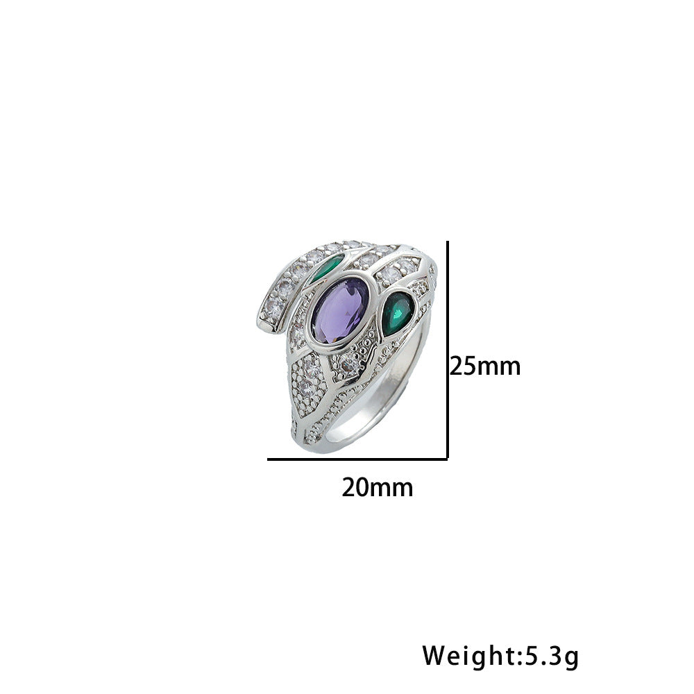 Parure di lusso con collana, orecchini e anello a forma di serpente in acciaio al titanio, con zirconi e pendente in ametista, placcatura sottovuoto ipoallergenica, design a catena a O