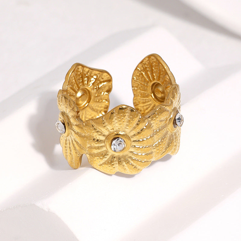 Minimalist Elegant Gold Plated Stainless Steel Floral Rhinestone Open Ring for Women