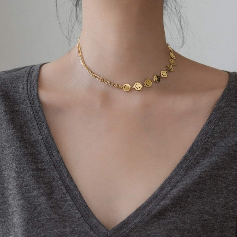 Minimalist Golden Titanium Steel Smiley Face Choker Necklace for Women with Geometric Shape and Polished Finish