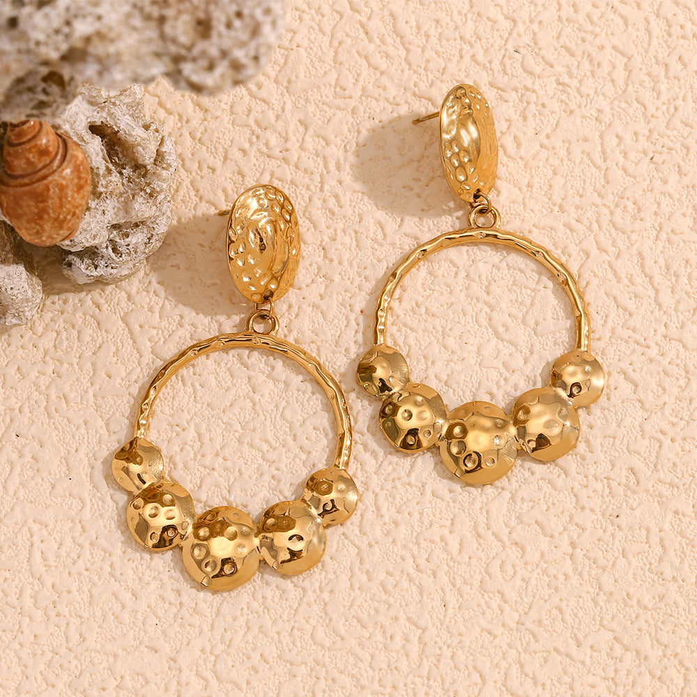 Fashionable Vintage-Inspired Geometric Stainless Steel Earrings with 18K Gold Plating and Hammered Texture for Women